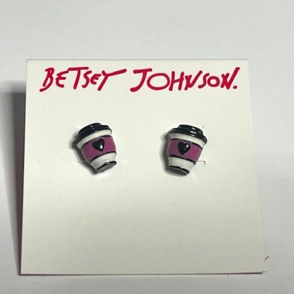 NEW Betsey Johnson Betsey Coffee Cup Stud Earrings Heart Black White Pink - Picture 1 of 7